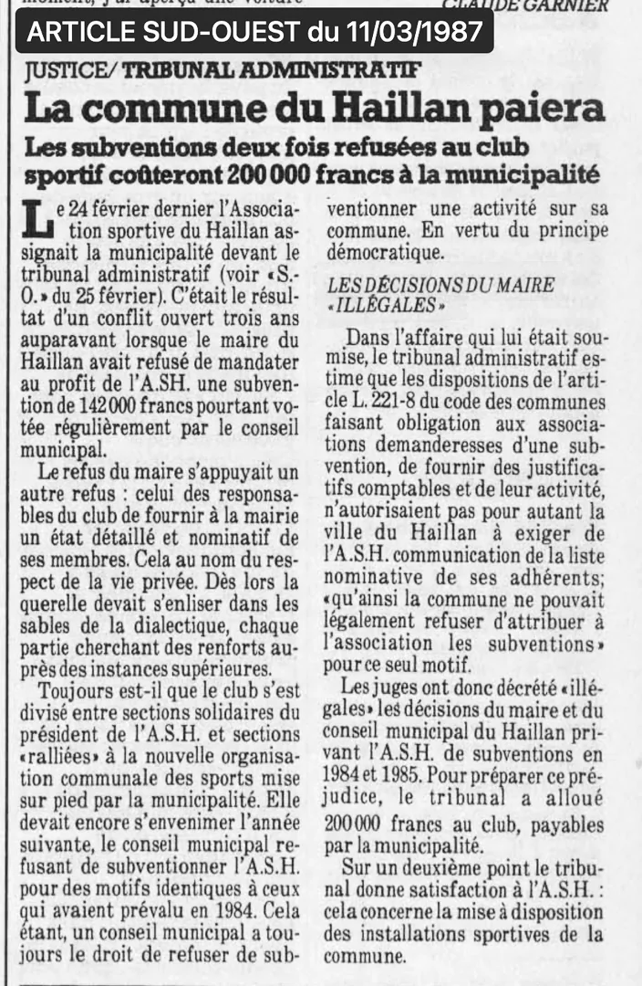 Article de Sud-Ouest du 11 mars 1987 relatant la décision du tribunal administratif de Bordeaux en faveur de l'ASH